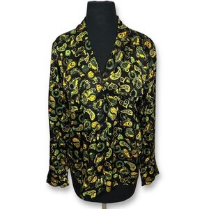 EUC Ganni Satin Smiley Paisley Button Down Long Sleeve Top Black Women 36 (US 4)